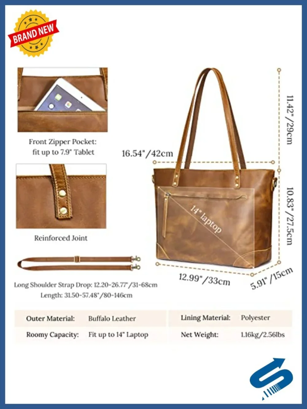 Genuine Leather Tote Bag for Women, Fits 14